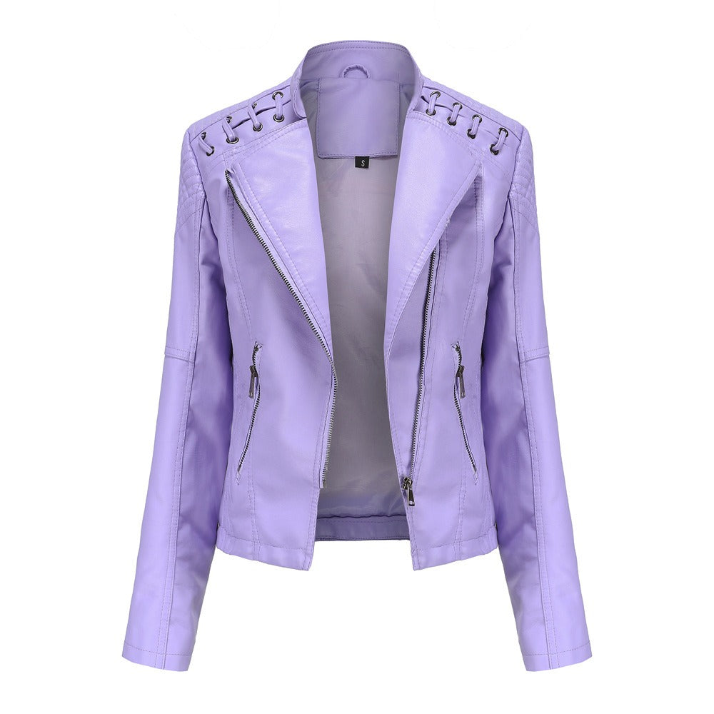 Women's Faux Leather Motorcycle Jacket Slim Fit Short Style Casual Lightweight Coat