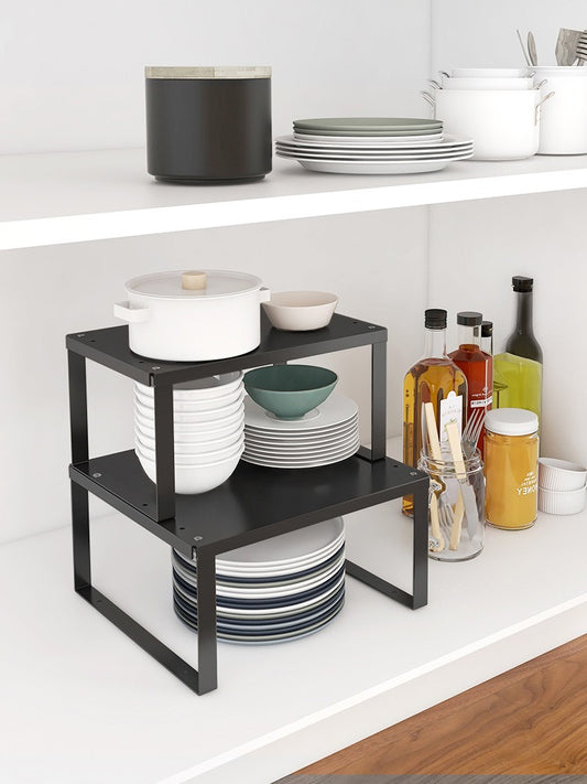 Kitchen Countertop Tiered Shelf Black Finish Two Tier Storage Rack 30cm Depth