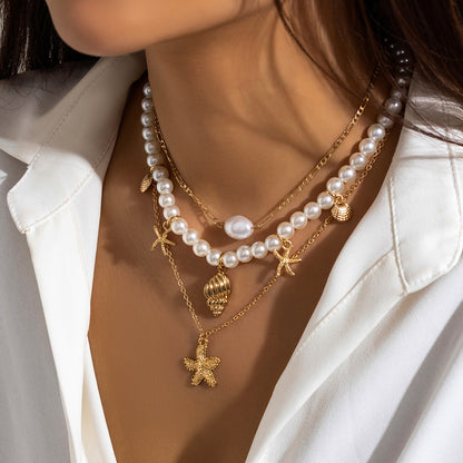 Beach Theme Beaded Necklace Layered Pearl Starfish Shell Jewellery