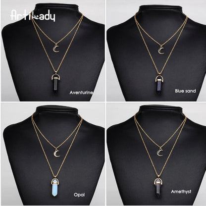 Natural Stone Quartz Stone Moon Choker Crystal Pendant Necklace