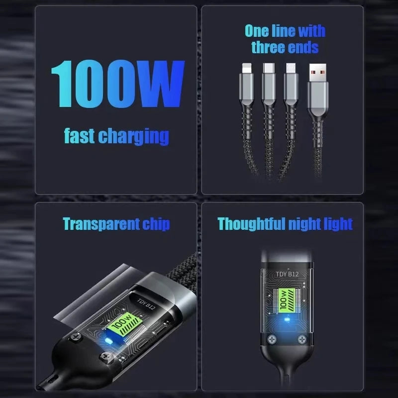 3 In 1 USB 100W Charging CableFast Charging Data Type C Micro For iPhone Android