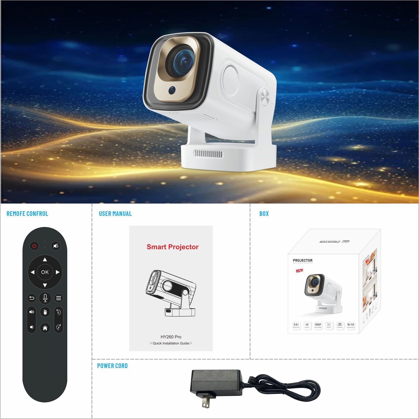 Hy260 Pro Android 11 Smart HD 4K Projector Portable Auto Focus Screen Display