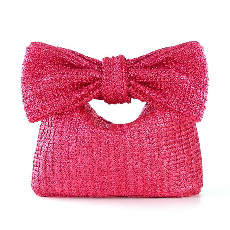 Women's Bow Woven Handbag Elegant Small Clutch Purse Zip Closure Fashion