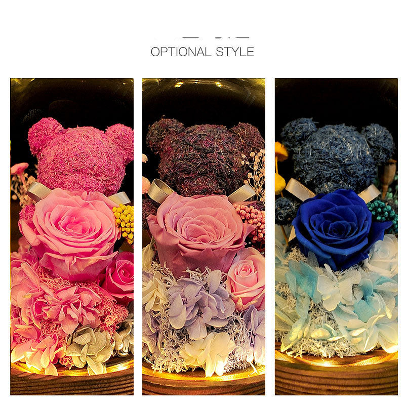 Everlasting Flower Bear Glass Dome Valentine's Day Gift Preserved Rose Roses