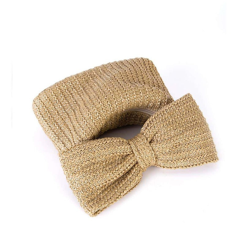 Women's Bow Woven Handbag Elegant Small Clutch Purse Zip Closure Fashion