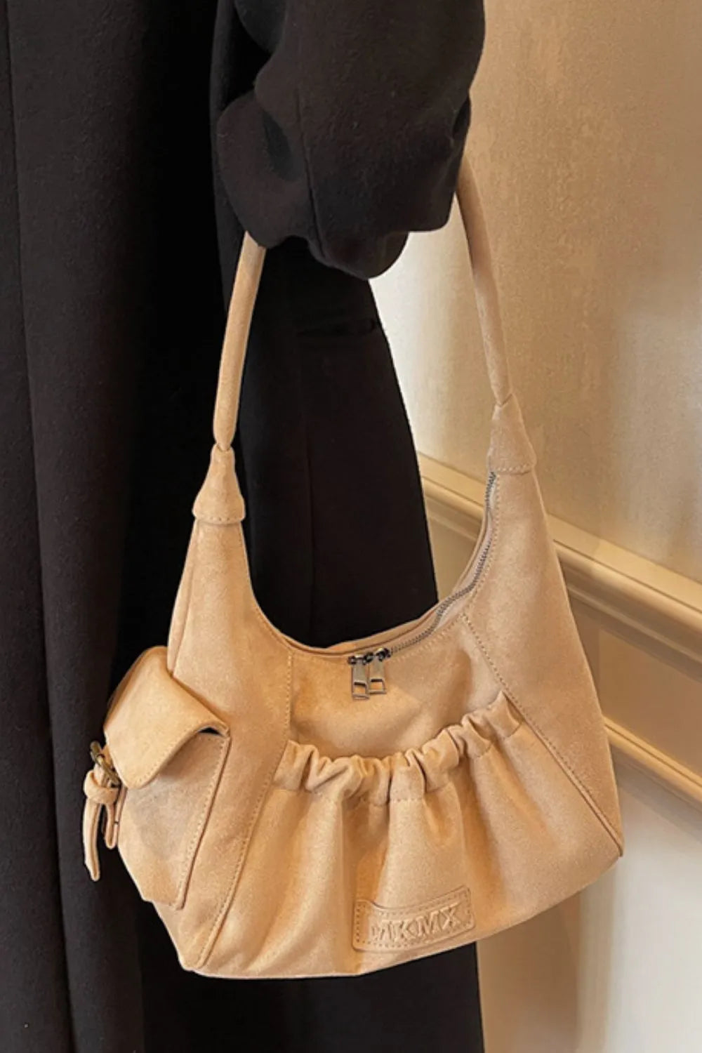 Suede Ruched Handbag Zipper Closure Elegant Evening Purse Spacious Accessory Storage