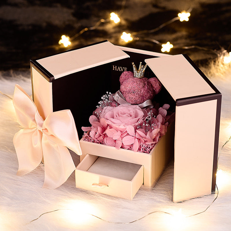 Eternal Rose Bear Double Door Flower Gift Box Luxurious Jewellery Keeper