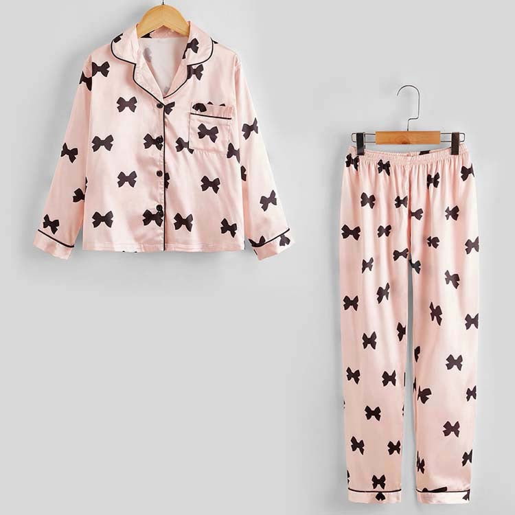 Children's Girls Satin Pyjama Set - Bow Print, 4 Colours, Ages 8-16, Luxury Nightwear