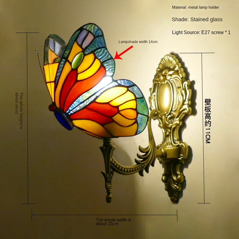 Home Butterfly LED Wall Lamp Stained Glass European Countryside Style Lighting