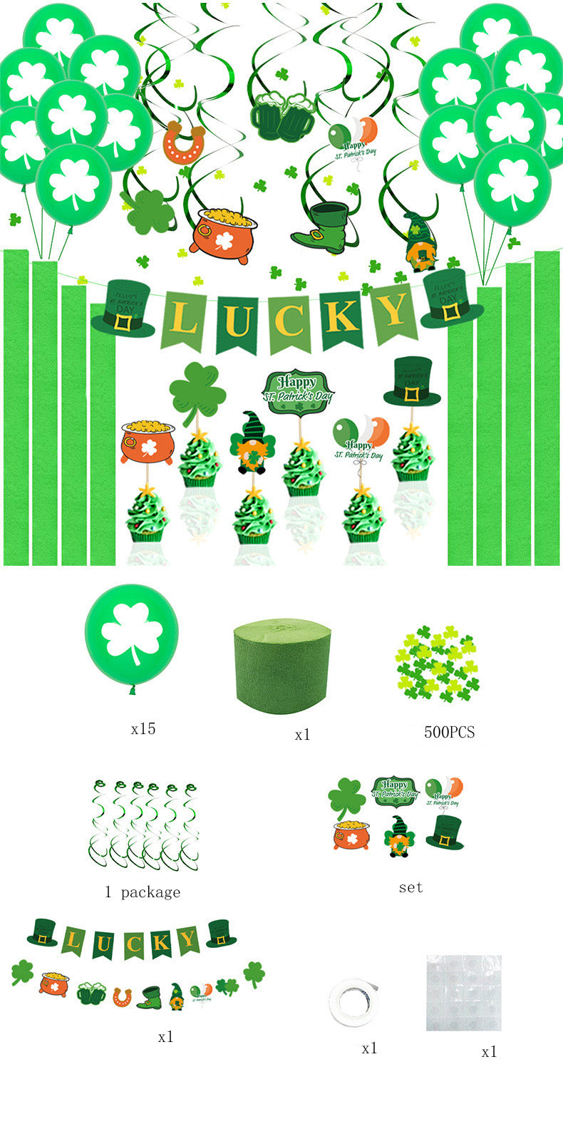 St Patrick's Day Latex Balloon Collection Spiral Decor Celebration Pull Flag