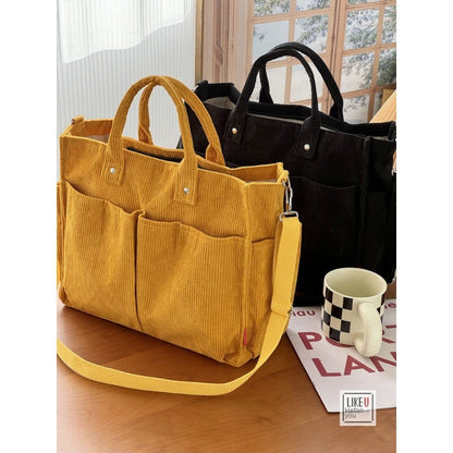 Womens Autumn Winter Corduroy Shoulder Tote Multi-Pocket Durable Spacious Bag