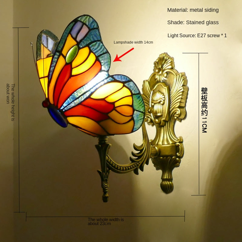 Home Butterfly LED Wall Lamp Stained Glass European Countryside Style Lighting