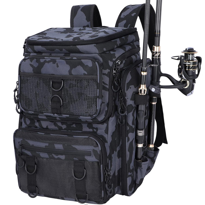 Fishing Backpack Rod Holder Tackle Box Hiking Gear Waterproof Spacious Durable