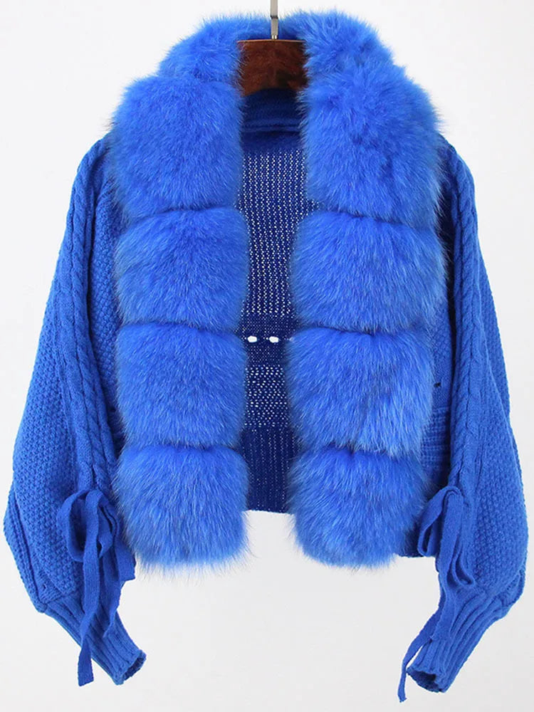 Women's Knitted Premium Faux Fur Coat V Neck Patchworks Full Sleeve Winter Jacket