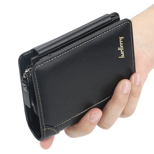 Men's Slim Leather Wallet Three-Fold Multi-Card Secure Zip Pocket RFID Blocking