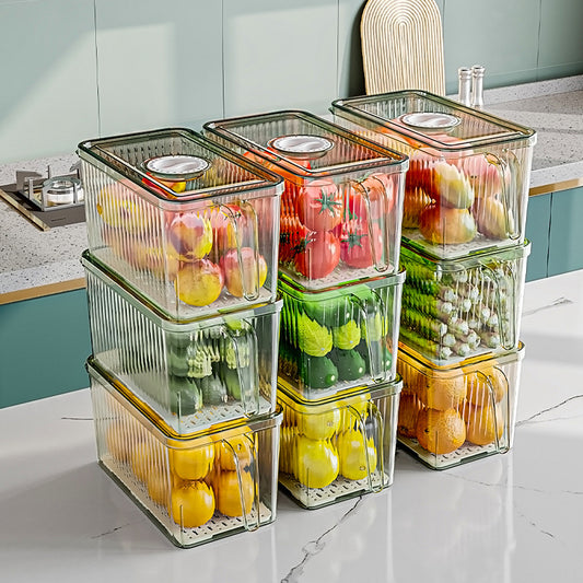 Refrigerator Storage Box Drainable Sealed Stackable Handle Lid Removable Tray