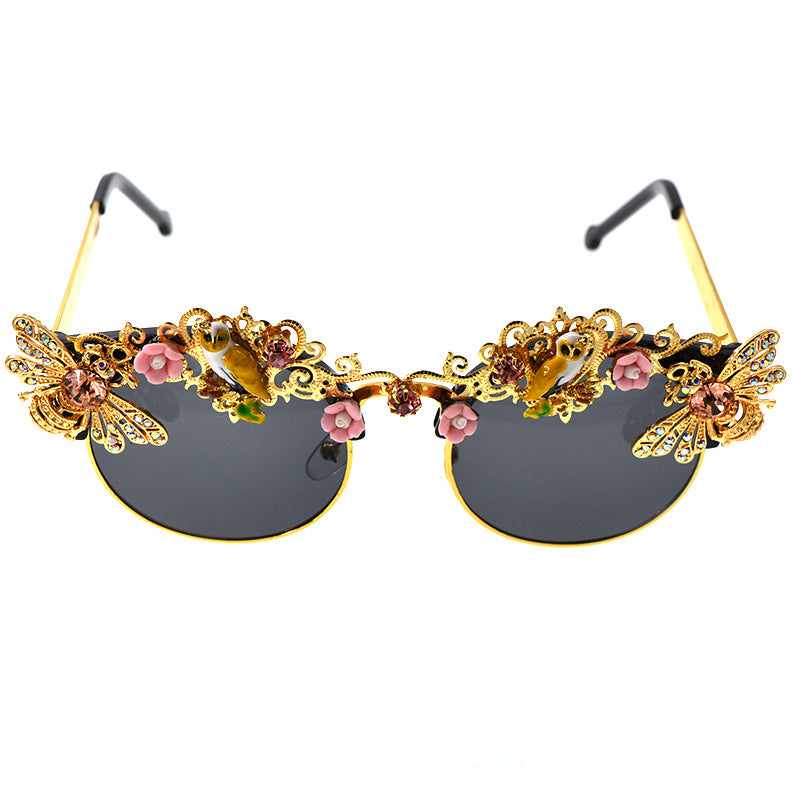 Women's Floral Diamond Inlaid Metal Frame Sunglasses UV Protection Stylish Eyewear