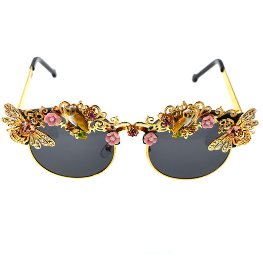 Women's Floral Diamond Inlaid Metal Frame Sunglasses UV Protection Stylish Eyewear