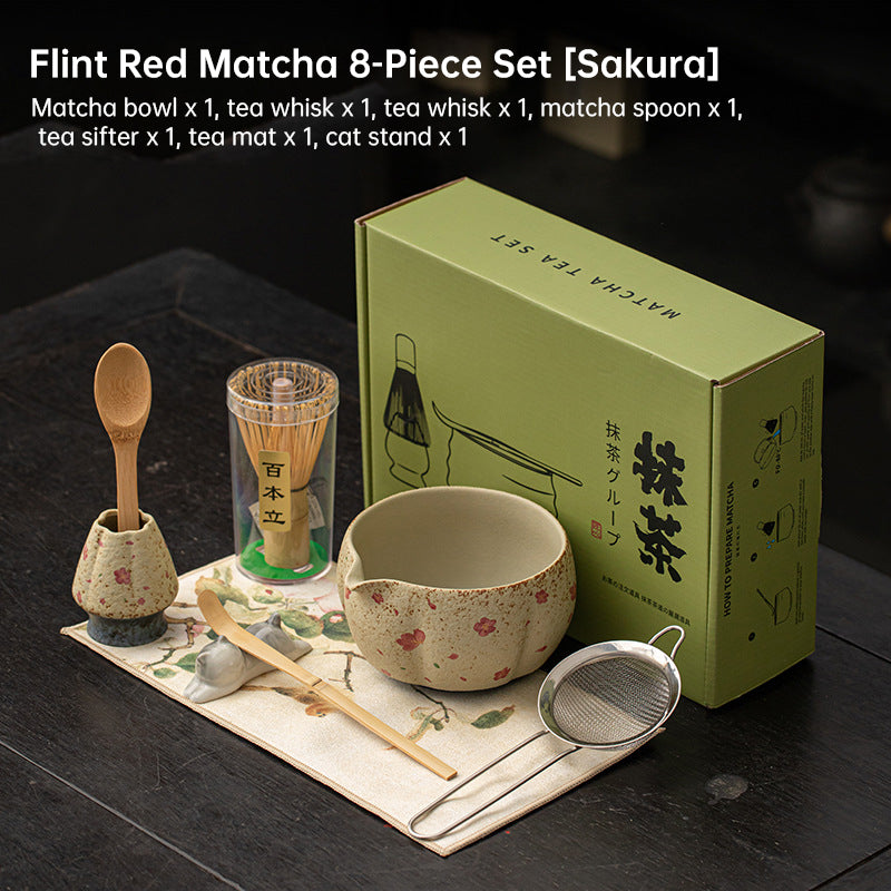Japanese Flint Red Matcha Tea Kit 2-8 Pieces Bamboo Whisk Ceramic Bowl Storage