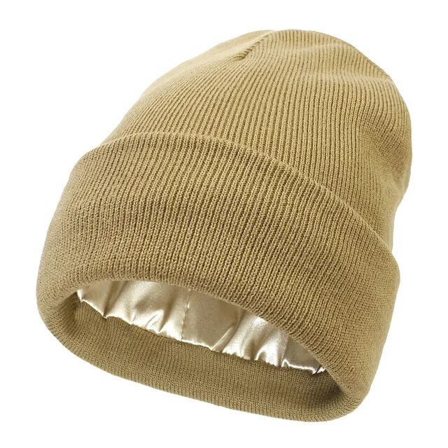 Satin Lined Beanie Hat for Women & Men, Warm Winter Cap, Silk-Lined Knit
