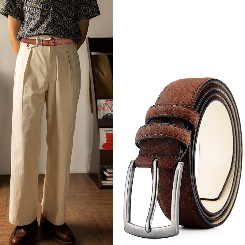 Men’s Suede Leather Belt, Alloy Buckle, Retro Casual Style, 115cm, Durable Accessories