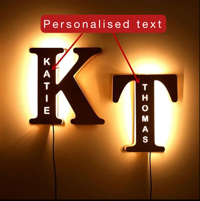 Custom Wooden Lamp Engraved Sign Personalised Initial Letter