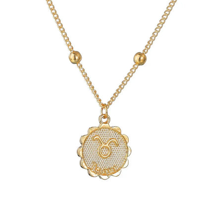 Gold Tone Zodiac Round Pendant Necklace Accessory Featuring 12 Constellations
