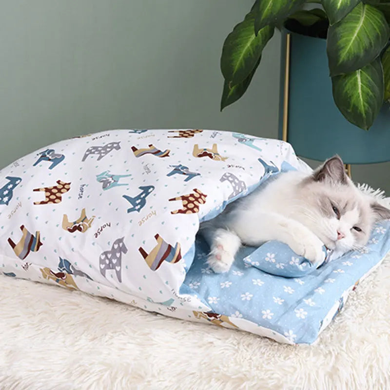 Warm Winter Cat Bed Sleeping Bag House Removable Cover Small Pets Pillow