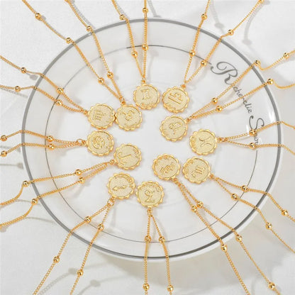 Gold Tone Zodiac Round Pendant Necklace Accessory Featuring 12 Constellations
