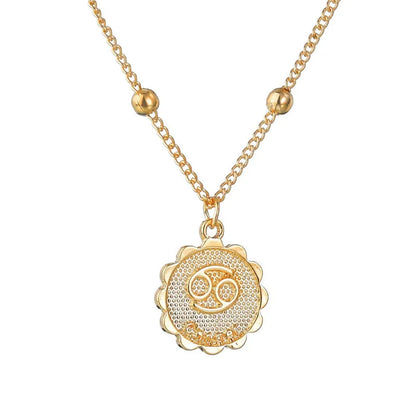 Gold Tone Zodiac Round Pendant Necklace Accessory Featuring 12 Constellations