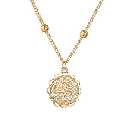 Gold Tone Zodiac Round Pendant Necklace Accessory Featuring 12 Constellations