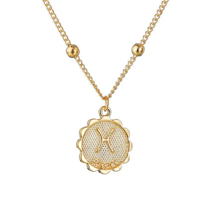Gold Tone Zodiac Round Pendant Necklace Accessory Featuring 12 Constellations