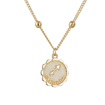 Gold Tone Zodiac Round Pendant Necklace Accessory Featuring 12 Constellations