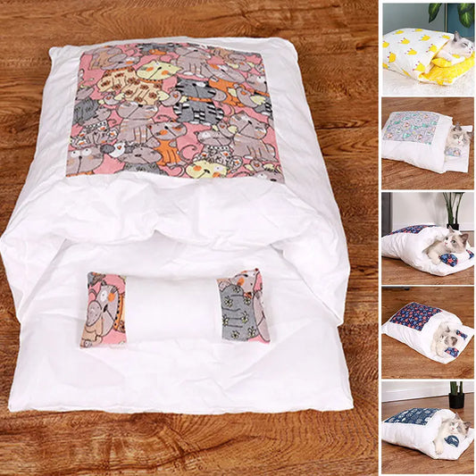 Warm Winter Cat Bed Sleeping Bag House Removable Cover Small Pets Pillow