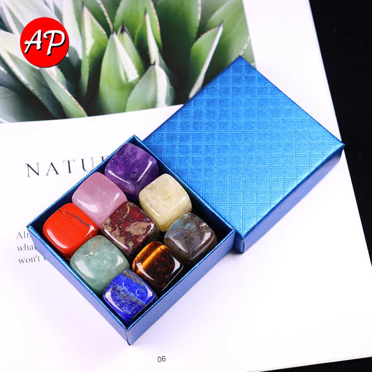 9-Piece Natural Crystal Set with Quartz Stones, Agate, and Gemstones Gift Box