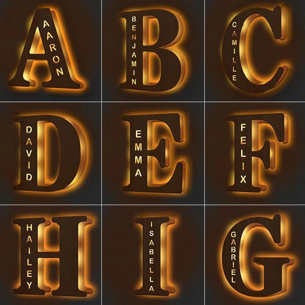 Custom Wooden Lamp Engraved Sign Personalised Initial Letter