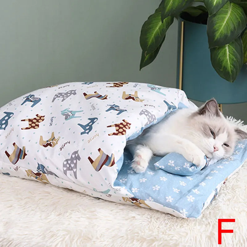 Warm Winter Cat Bed Sleeping Bag House Removable Cover Small Pets Pillow