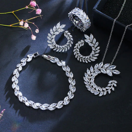 925 Sterling Silver CZ Crystal Marquise Bridal Set Necklace Earrings Bracelet Jewellery