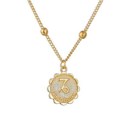 Gold Tone Zodiac Round Pendant Necklace Accessory Featuring 12 Constellations