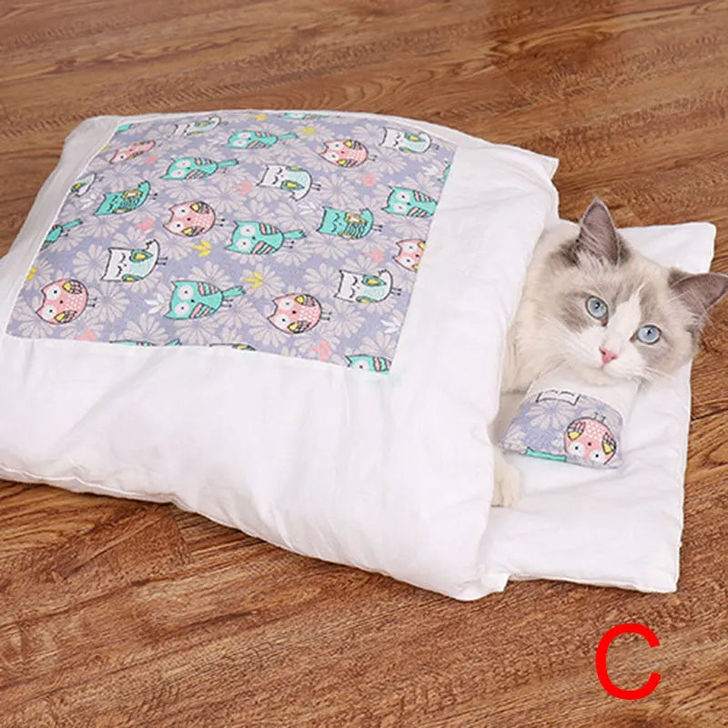 Warm Winter Cat Bed Sleeping Bag House Removable Cover Small Pets Pillow