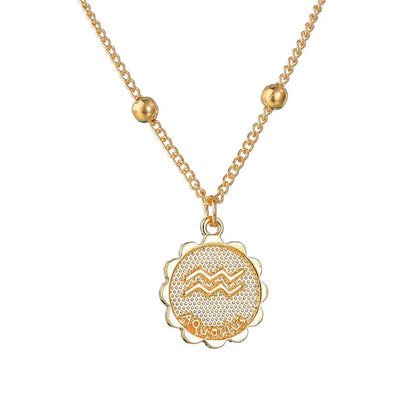 Gold Tone Zodiac Round Pendant Necklace Accessory Featuring 12 Constellations