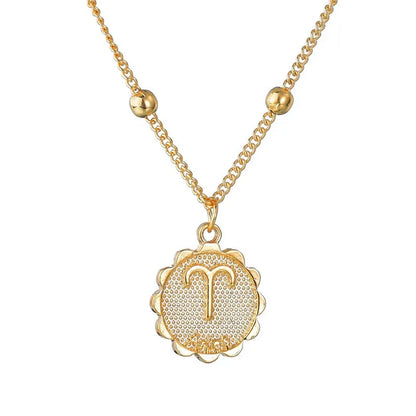Gold Tone Zodiac Round Pendant Necklace Accessory Featuring 12 Constellations