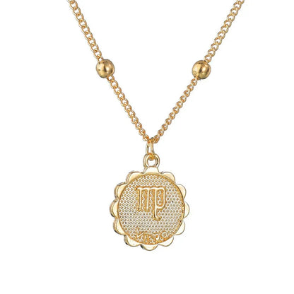 Gold Tone Zodiac Round Pendant Necklace Accessory Featuring 12 Constellations