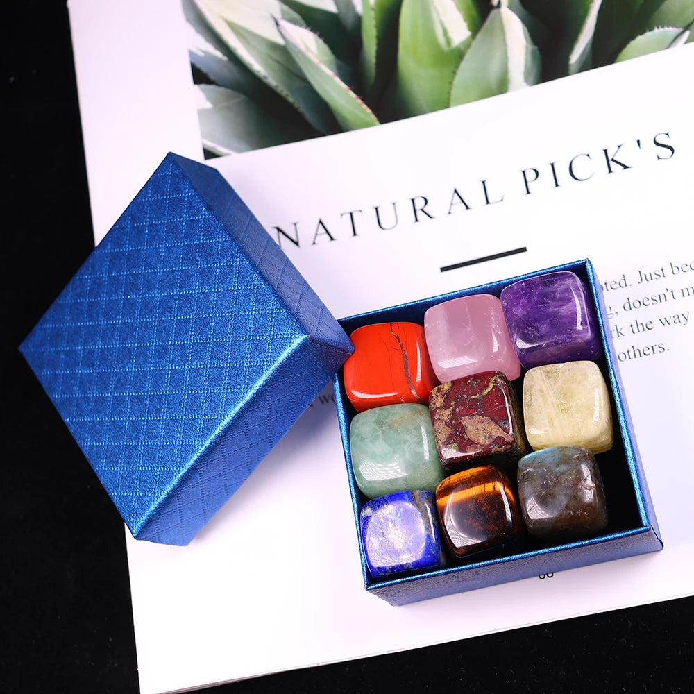 9-Piece Natural Crystal Set with Quartz Stones, Agate, and Gemstones Gift Box