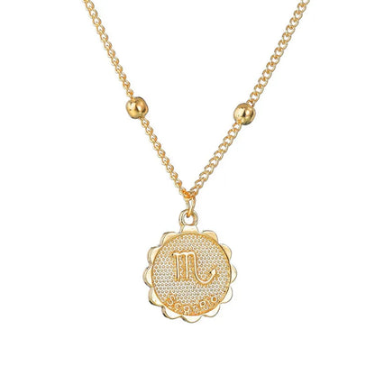 Gold Tone Zodiac Round Pendant Necklace Accessory Featuring 12 Constellations