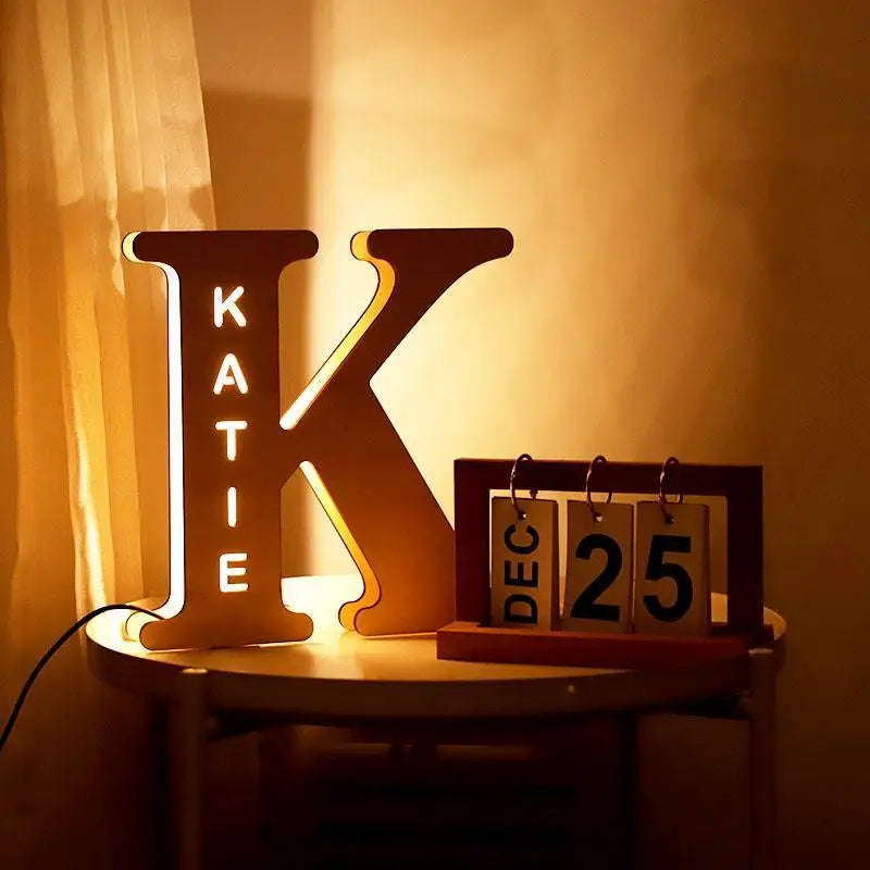 Custom Wooden Lamp Engraved Sign Personalised Initial Letter