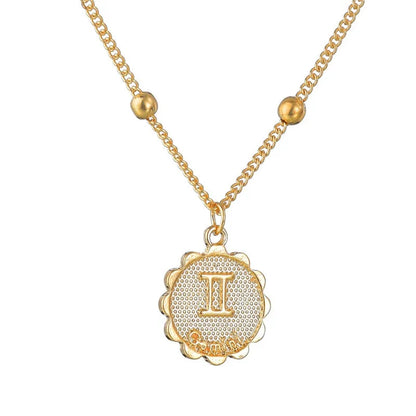 Gold Tone Zodiac Round Pendant Necklace Accessory Featuring 12 Constellations