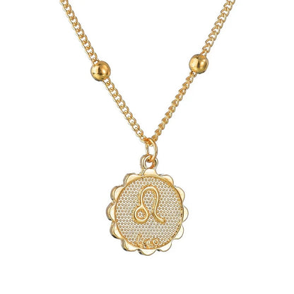 Gold Tone Zodiac Round Pendant Necklace Accessory Featuring 12 Constellations