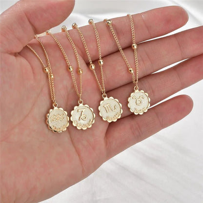 Gold Tone Zodiac Round Pendant Necklace Accessory Featuring 12 Constellations