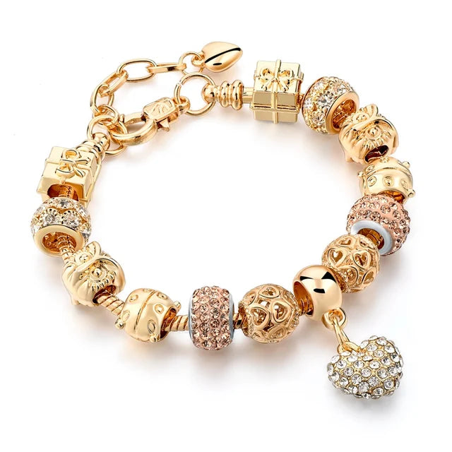 Gold Plated Crystal Charm Bracelets Women's Jewellery Heart Design Diamonds